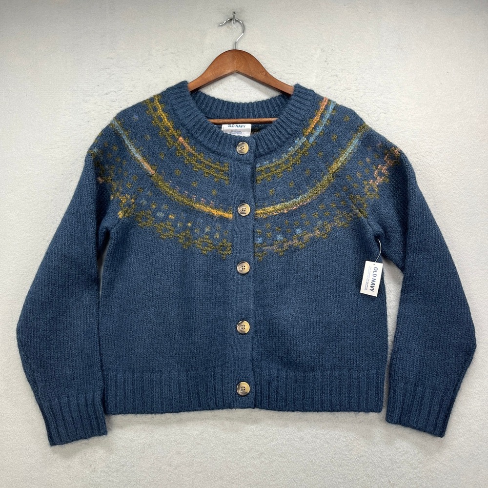 Old Navy Cardigan Women Small Blue Fair Isle Yoke Knit Button Up Sweater NEW